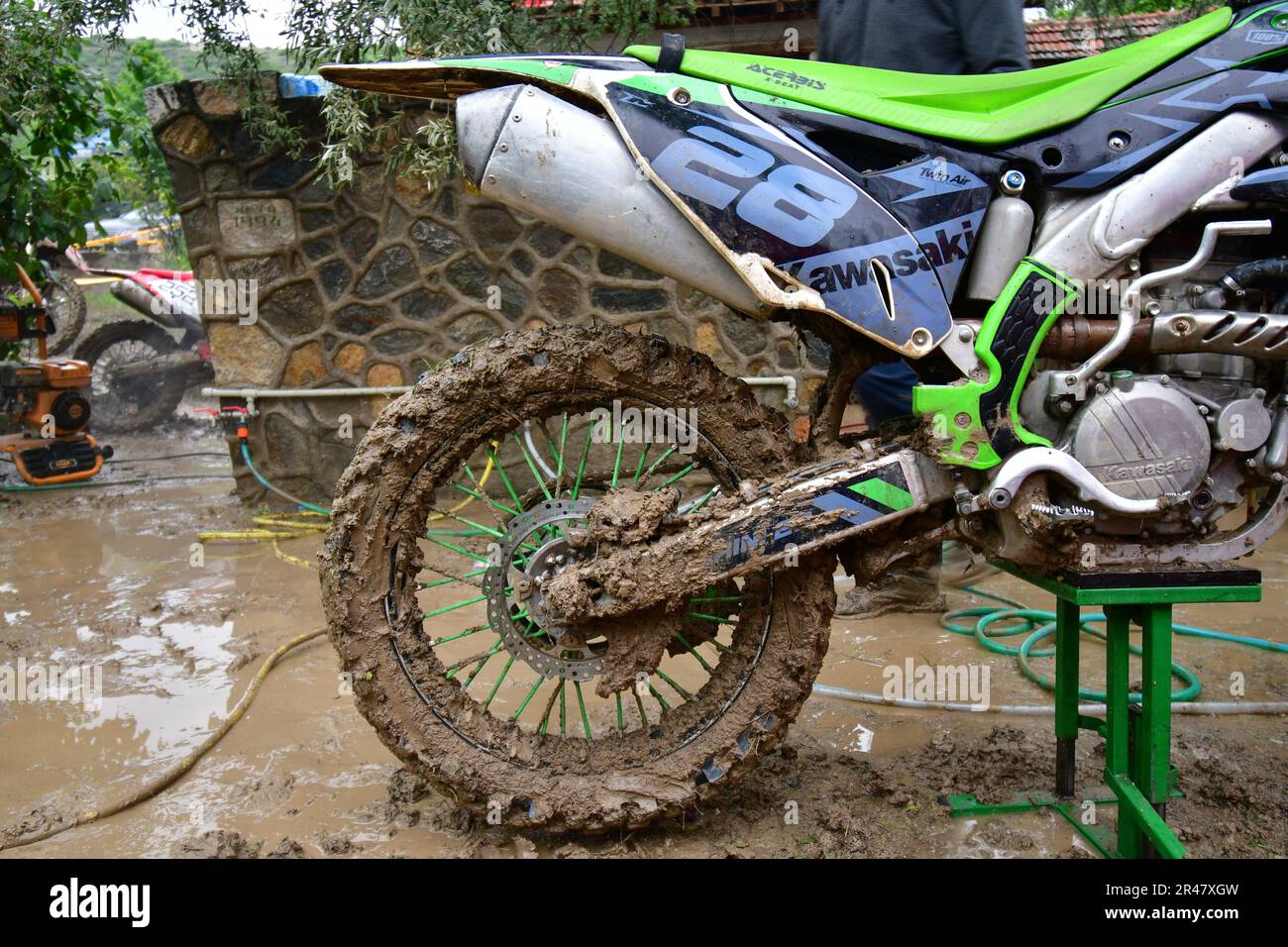Orman, Macedonia, May 14 2023. In rainy weather and a muddy track