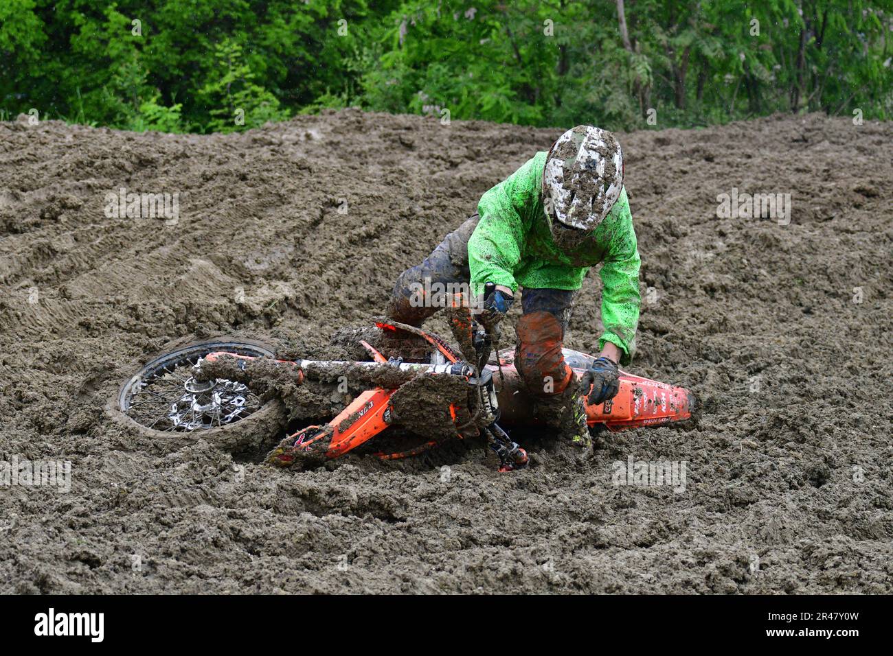 Orman, Macedonia, May 14 2023. In rainy weather and a muddy track