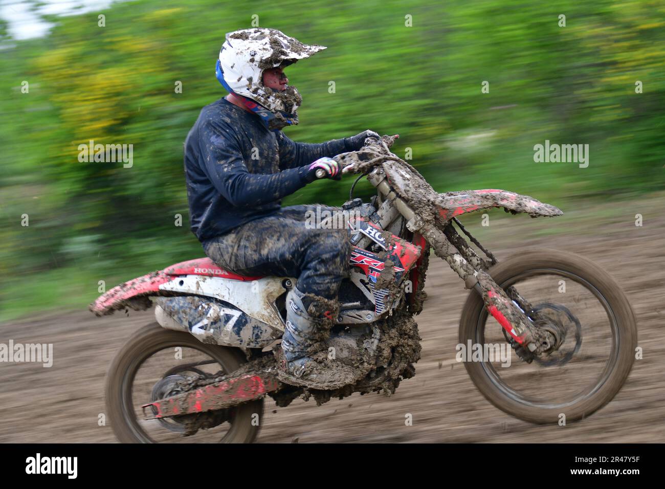 Orman, Macedonia, May 14 2023. In rainy weather and a muddy track
