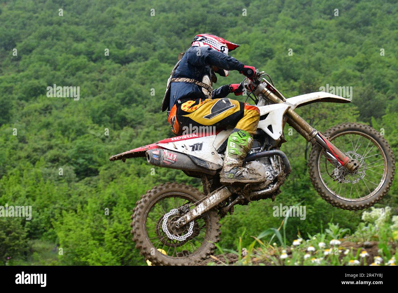 Orman, Macedonia, May 14 2023. In rainy weather and a muddy track