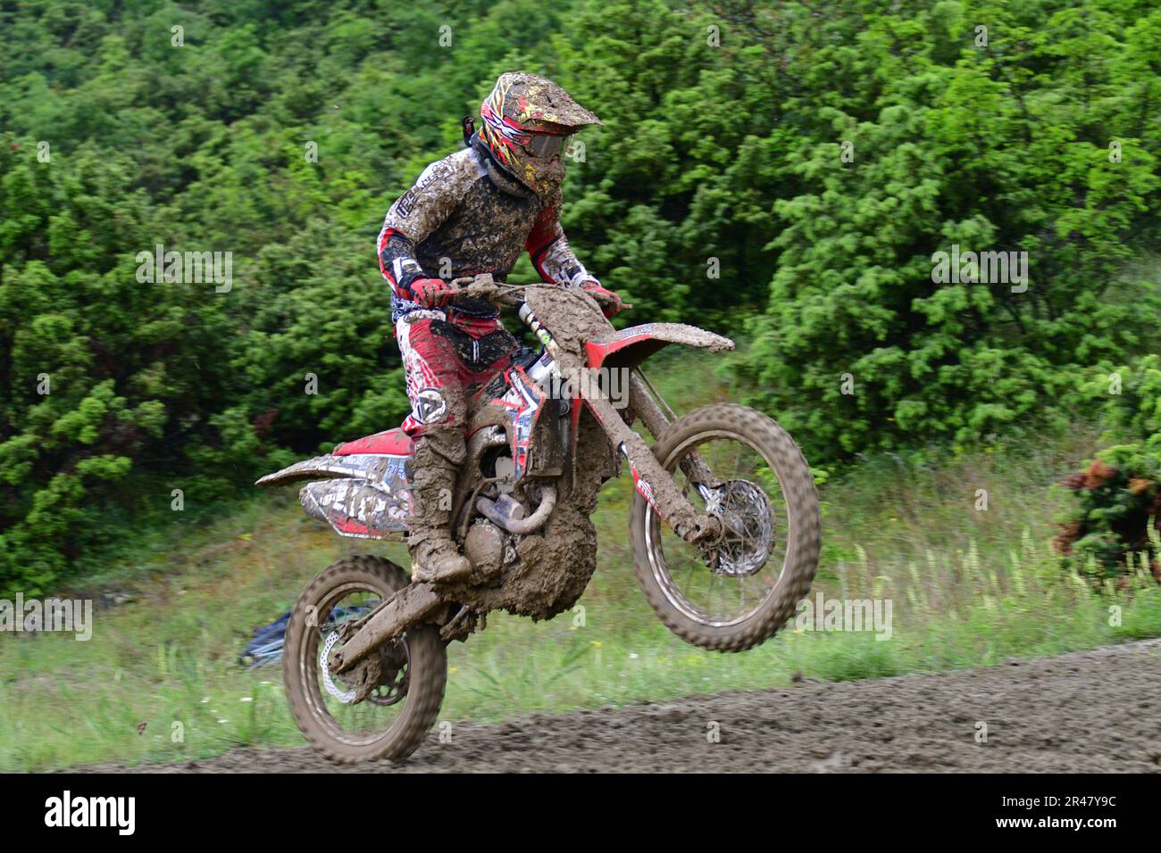 Orman, Macedonia, May 14 2023. In rainy weather and a muddy track