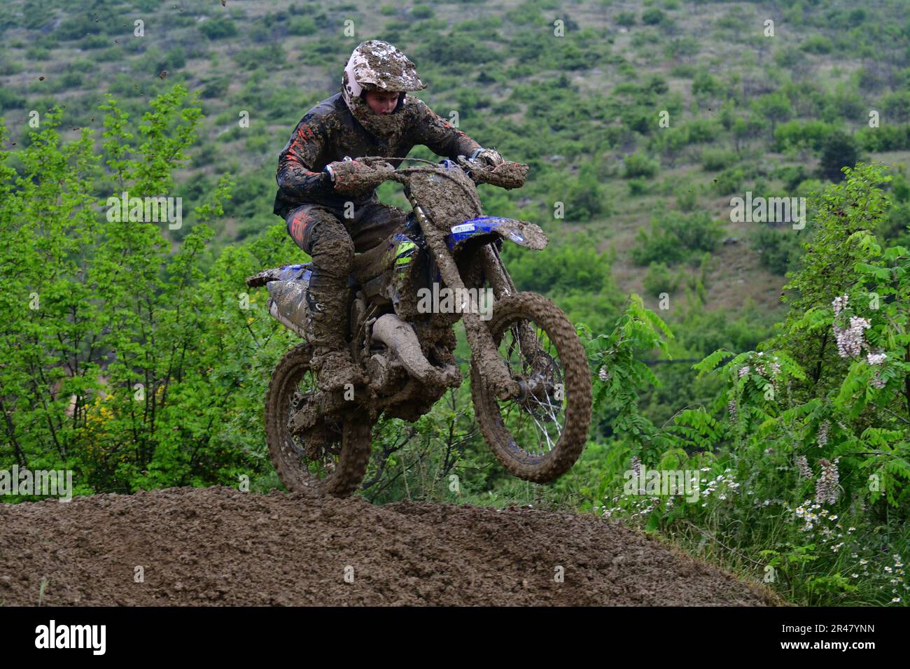 Orman, Macedonia, May 14 2023. In rainy weather and a muddy track
