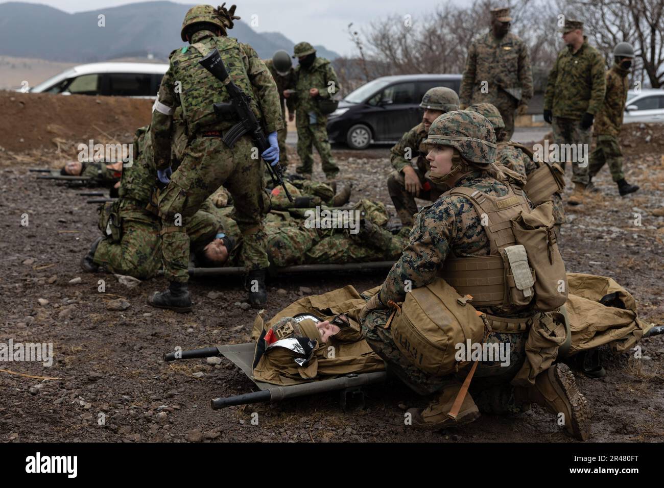 U.S. Navy corpsmen with the 31st Marine Expeditionary Unit, and soldiers with the 1st Amphibious Rapid Deployment Regiment, Japan Ground Self-Defense Force, conduct bi-lateral medical operations during a mass casualty exercise at Hijudai, Japan on Feb. 19, 2023. The training simulated a mass casualty event granting the bi-lateral medical team an opportunity to actively practice medical care in the field with closely simulated pressure and conditions during Iron Fist 23. Iron Fist is an annual bilateral exercise designed to increase interoperability and strengthen the relationships between the Stock Photo