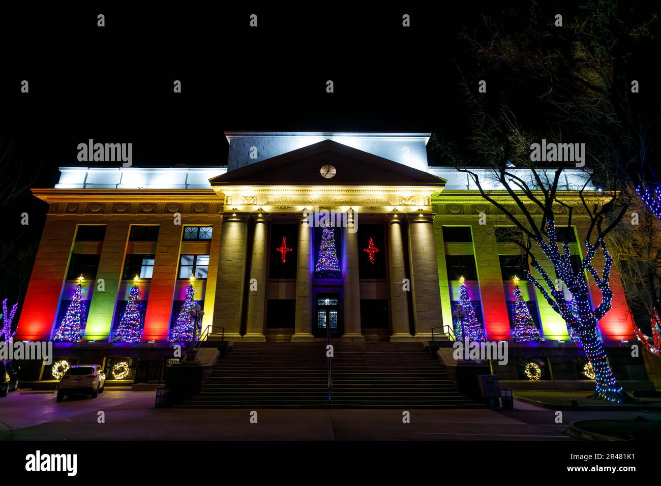 The illuminated Yavapai County Courthouse at Christmas in the Town