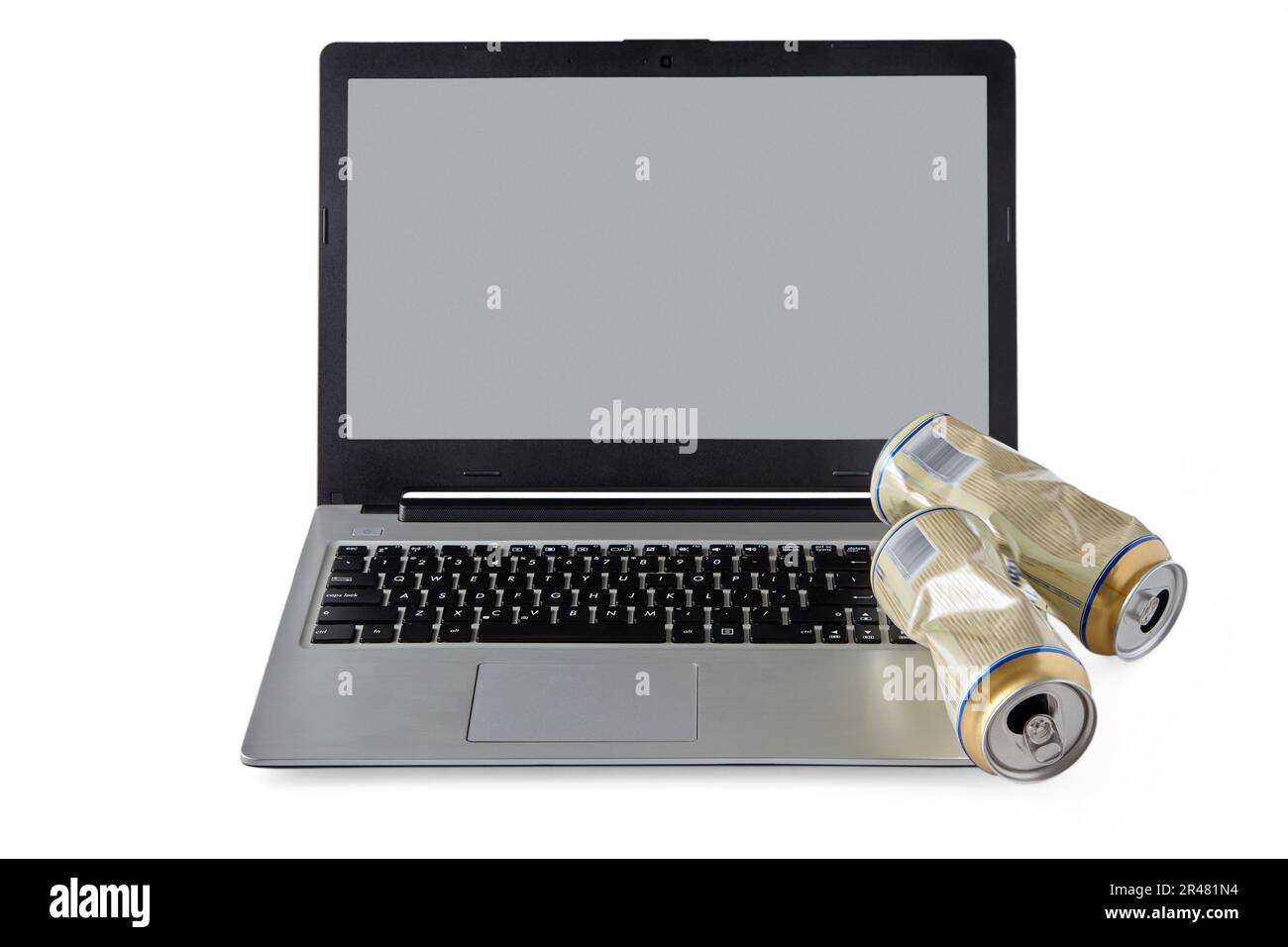 Computer Getting Drunk Empty crumpled aluminum beer cans and laptop isolated on white ...