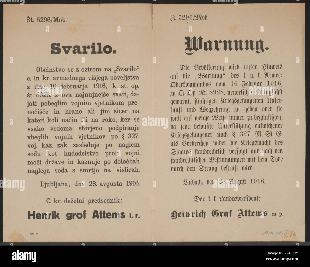 Unterstützung von Kriegsgefangenen - Warnung - Laibach - Mehrsprachiges Plakat 1916 Stock Photo