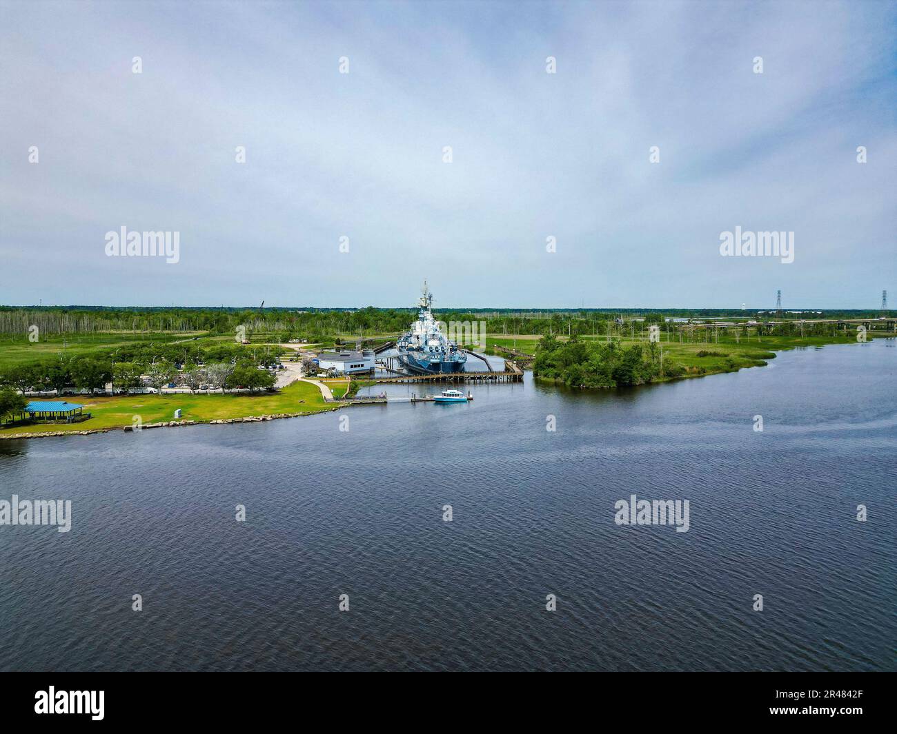 An aerial view of a ship harbored at Cape Fear River in North Carolina ...