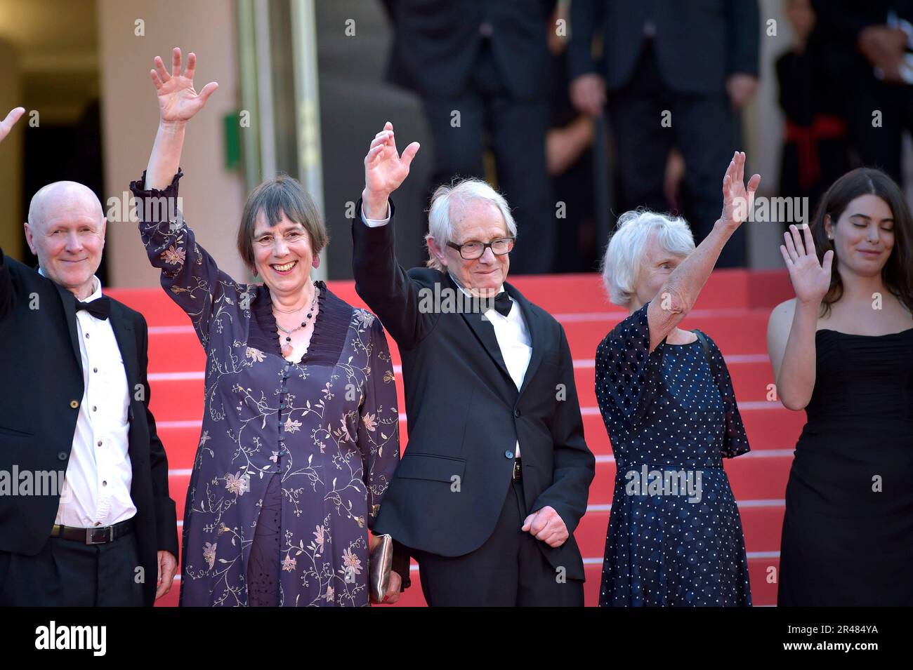 Cannes, France. 26th May, 2023. Paul Laverty, Rebecca O'Brien, Director Ken Loach, Lesley Ashton, Ebla Mari, Dave Turner attend the 'The Old Oak' red carpet during the 76th annual Cannes film festival at Palais des Festivals in Cannes, France on Friday, May 26, 2023. Photo by Rocco Spaziani/ Credit: UPI/Alamy Live News Stock Photo
