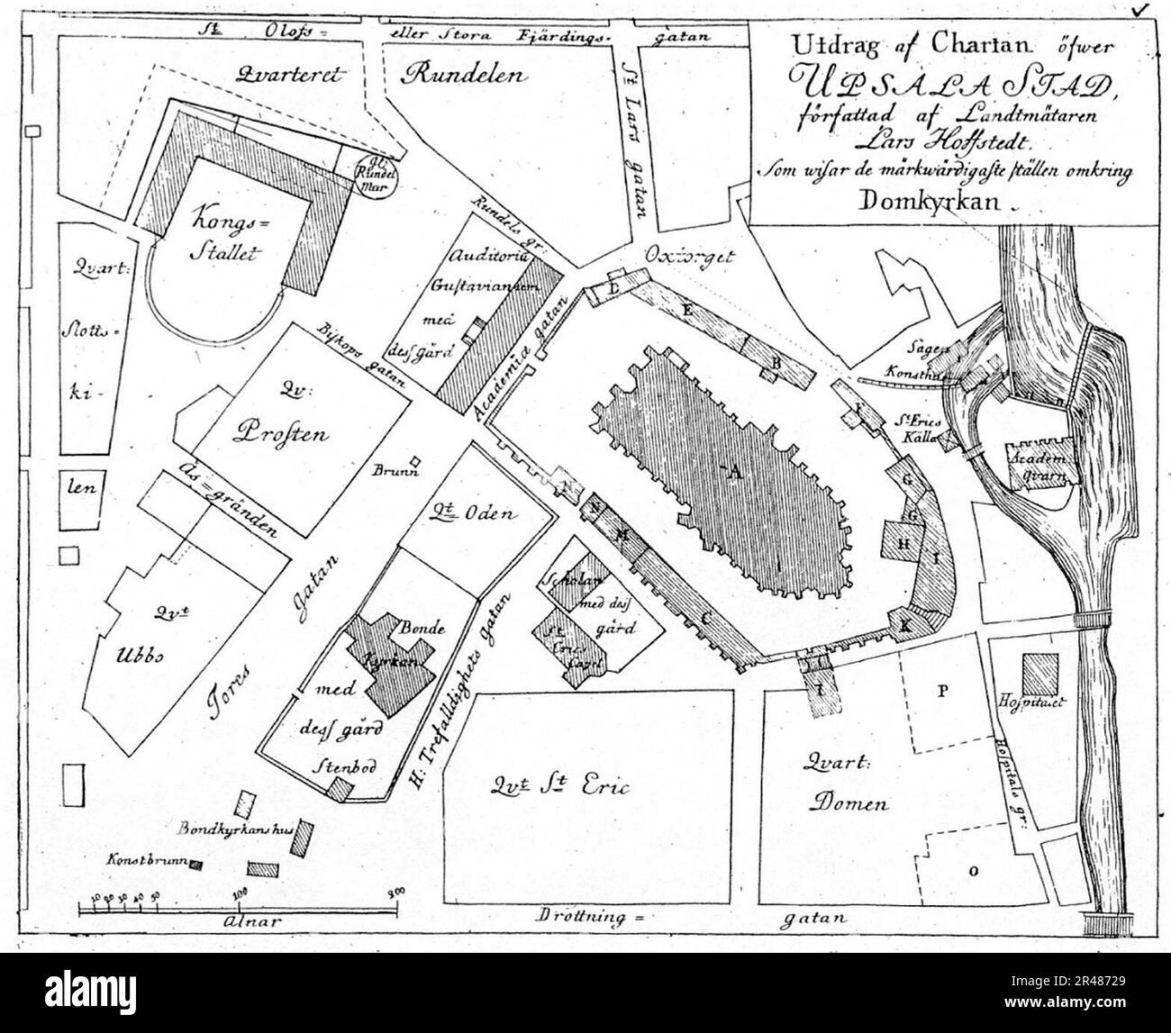 Uppsala map by Hoffstedt bef 1702 from Busser, Om Upsala Stad etc
