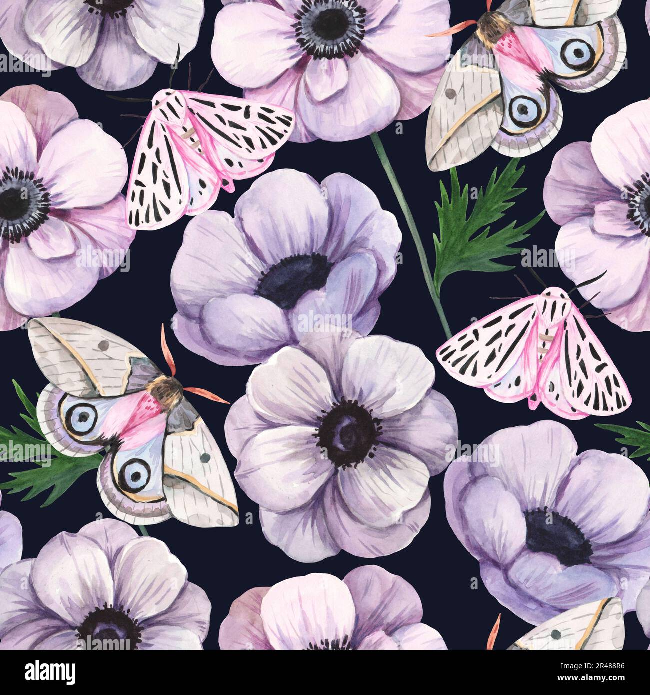 Watercolor seamless pattern with anemone flowers, moths and butterflies ...