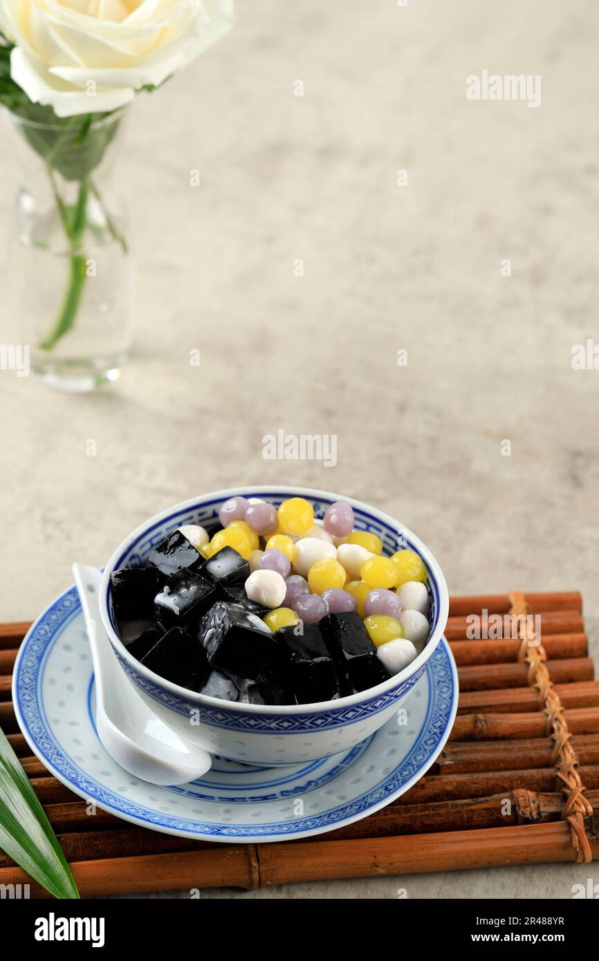 Black Grass Jelly with Taro Balls Stock Photo