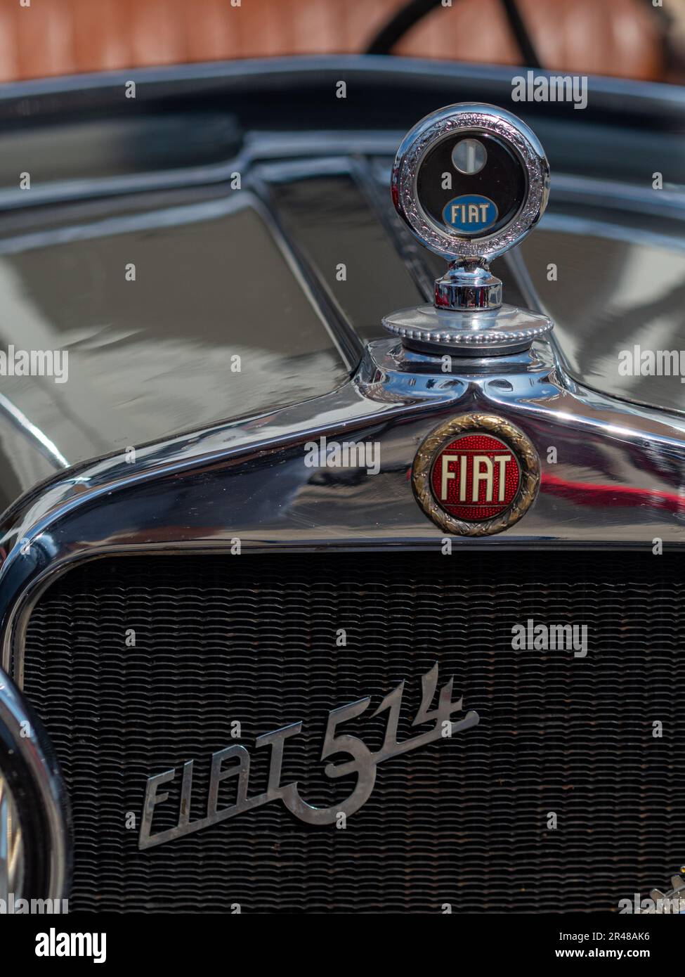 A vertical shot of the details on the emblem and the radiator of an old FIAT 514 car Stock Photo