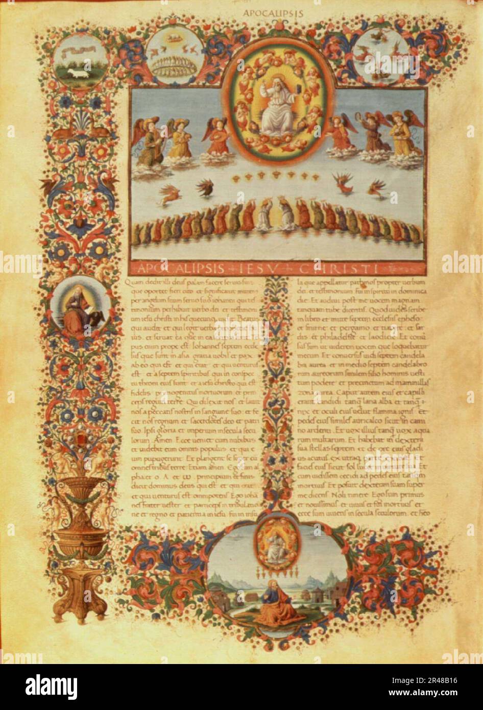 Urbino bible - Apocalypse - 24 Elders of the Apocalypse casting their crowns Stock Photo