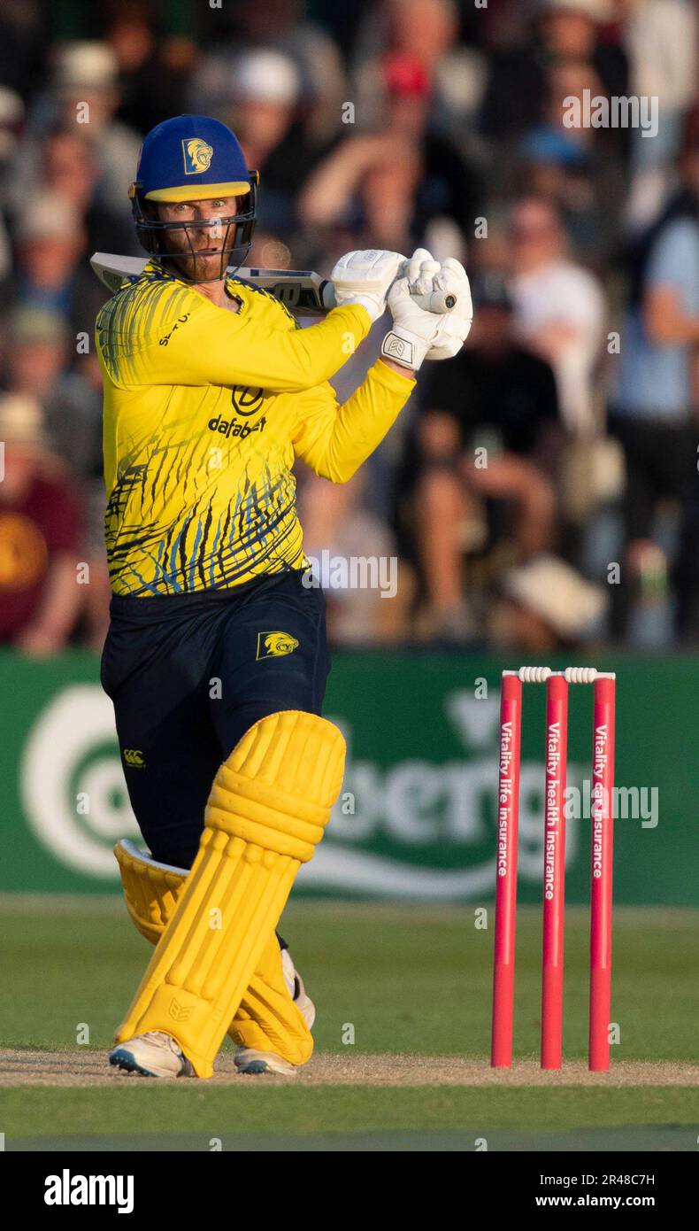 Northampton May 26 :Graham Clark of Durham Cricket during the Vitality T20 Blast match between Northamptonshire Steelbacks and Durham Cricket at The County Ground Northampton on May 26, 2023  Northampton England . Credit: PATRICK ANTHONISZ/Alamy Live News Stock Photo