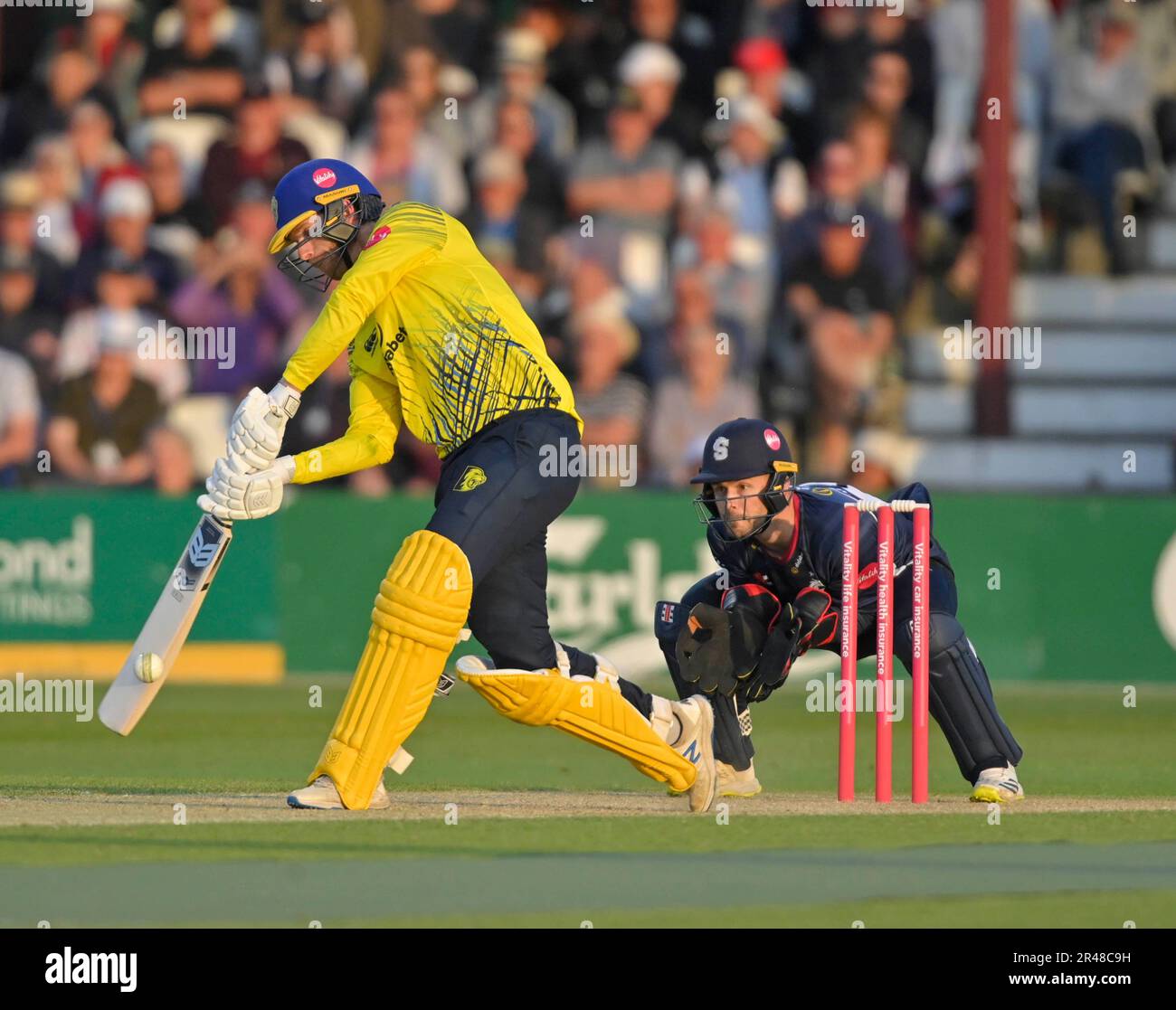 Northampton May 26 :Graham Clark of Durham Cricket during the Vitality T20 Blast match between Northamptonshire Steelbacks and Durham Cricket at The County Ground Northampton on May 26, 2023  Northampton England . Credit: PATRICK ANTHONISZ/Alamy Live News Stock Photo