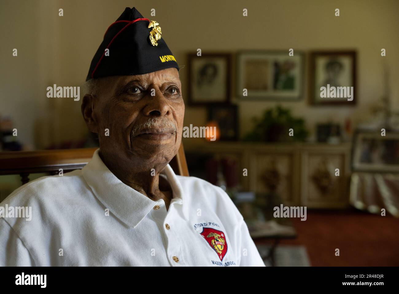 May 24, 2023, Sacramento, CA, USA: Rich Davis, 97, is one of the last surviving Montford Point Marines, a Black World War II unit, and lives in Sacramento, Wednesday, May 24, 2023. The first African-American recruits in the Marine Corps trained at Montford Point, eventually ending the military's longstanding policy of racial segregation.They are the first African-Americans to enlist in the U.S. Marine Corps after President Franklin Roosevelt issues an Executive Order establishing the Fair Employment Practices Commission in June 1941. The recruits trained at Camp Montford Point in Jacksonvill Stock Photo