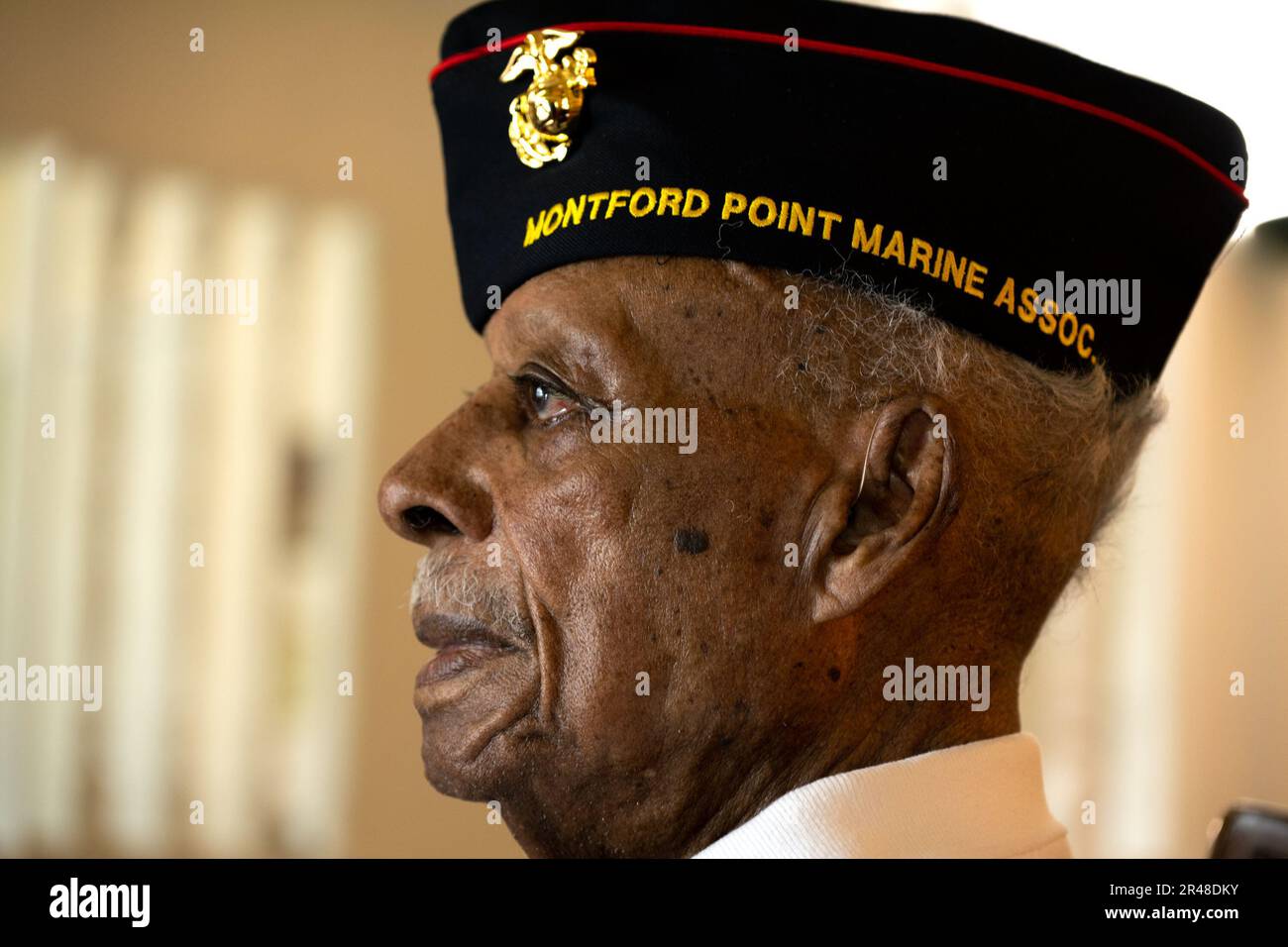 May 24, 2023, Sacramento, CA, USA: Rich Davis, 97, is one of the last surviving Montford Point Marines, a Black World War II unit, and lives in Sacramento, Wednesday, May 24, 2023. The first African-American recruits in the Marine Corps trained at Montford Point, eventually ending the military's longstanding policy of racial segregation.They are the first African-Americans to enlist in the U.S. Marine Corps after President Franklin Roosevelt issues an Executive Order establishing the Fair Employment Practices Commission in June 1941. The recruits trained at Camp Montford Point in Jacksonvill Stock Photo