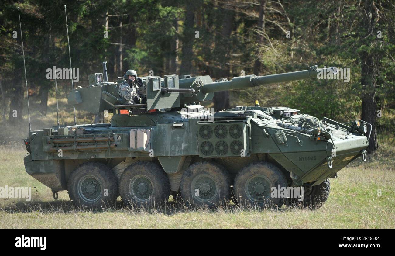 US Army soldiers in a M1128 Stryker Mobile Gun System assigned to ...