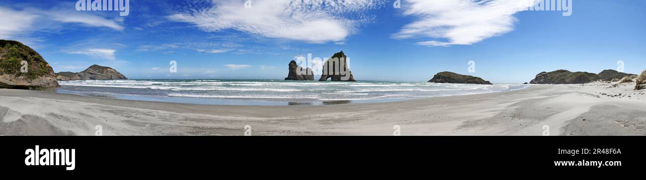 A scenic view of Wharariki Beach in New Zealand Stock Photo