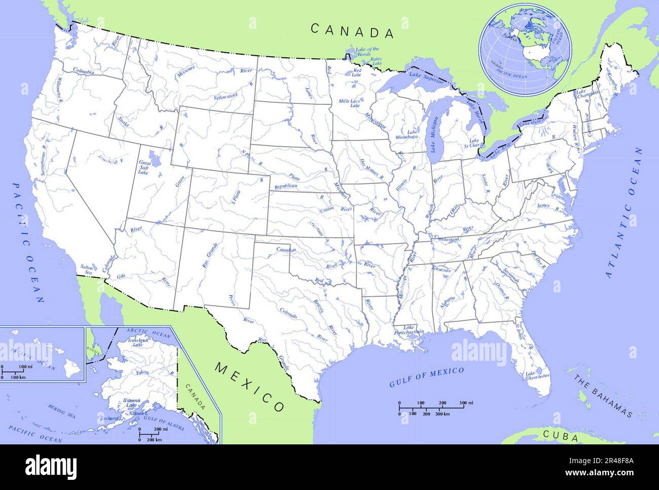 US Map - Rivers and Lakes Stock Photo