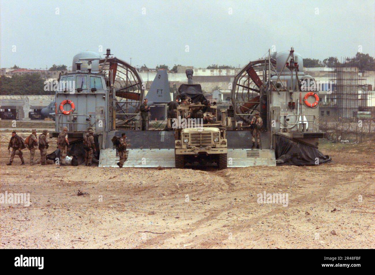 US Marines and their equipment loaded on board the LCAC is sitting ...