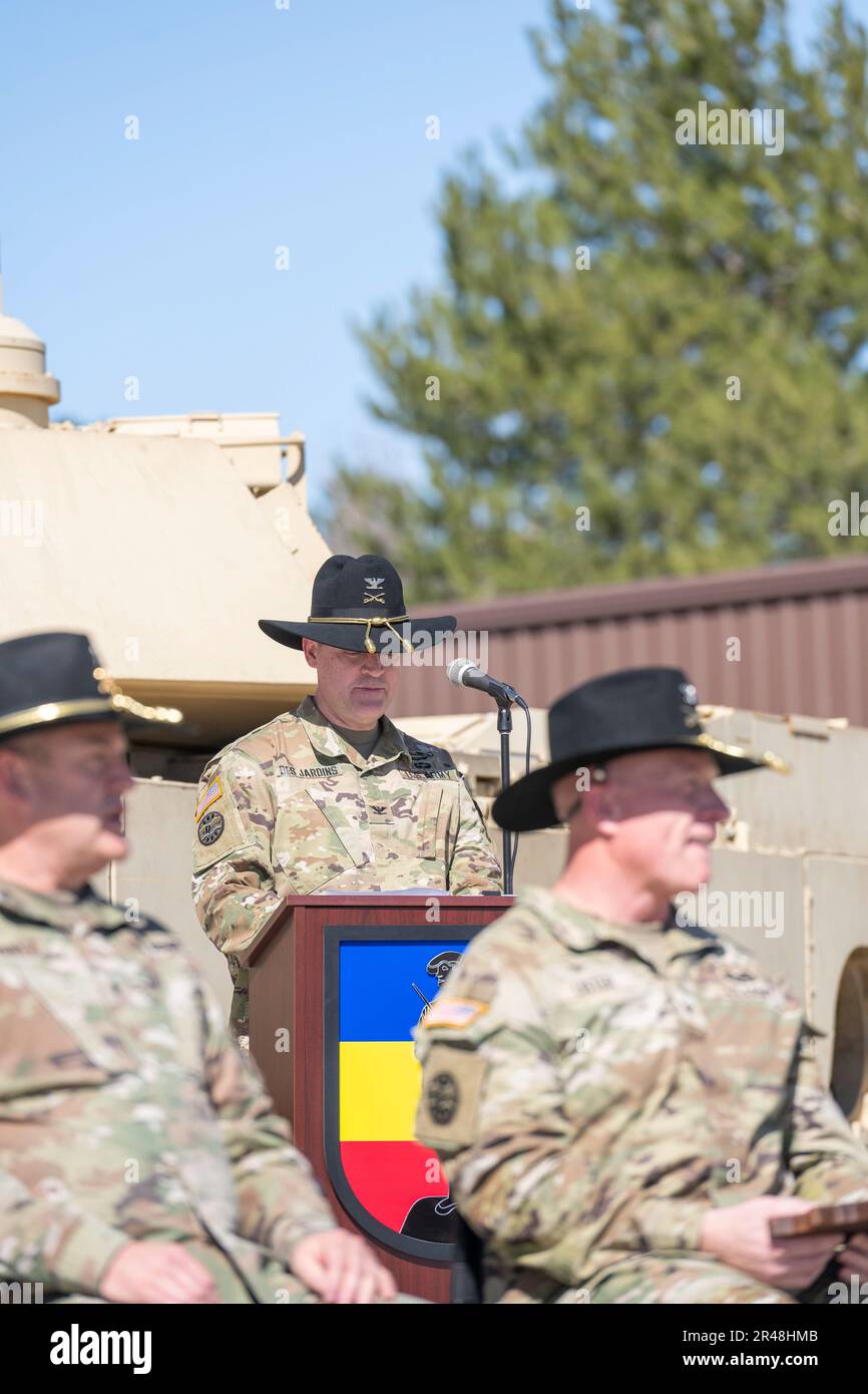 The 204th Regional Training Institute conducts a change of command ceremony, Gowen Field, April 10, 2023. During the ceremony, the outgoing commander, Col. Dan Lister transferred command of the 204th RTI to incoming commander, Col. Russel Des Jardins. Stock Photo