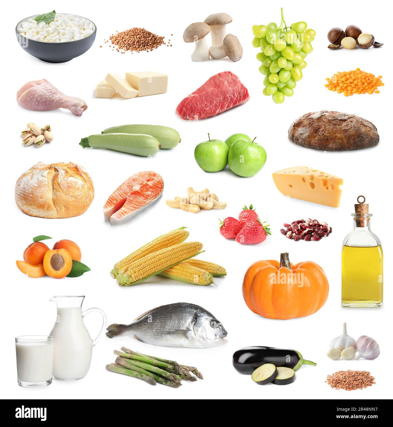 Healthy diet. Set with many different products on white background Stock Photo