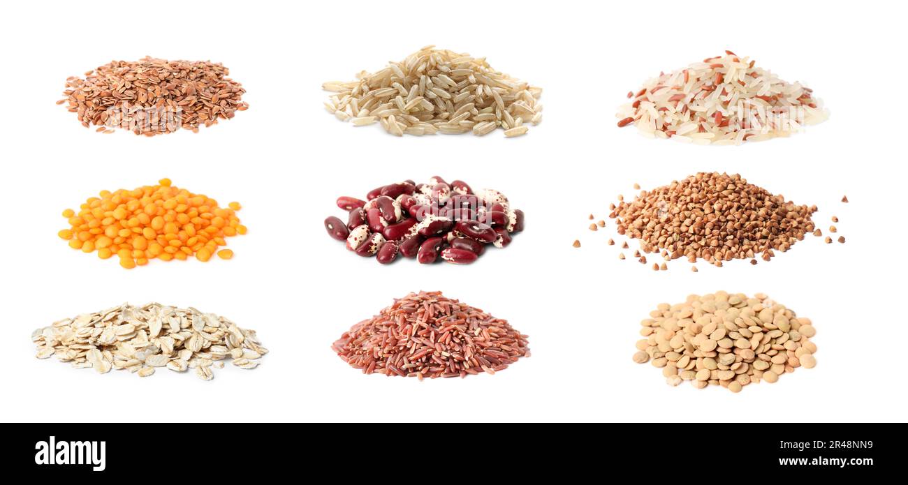Collage with piles of legumes, rice, cereals and linseeds on white background Stock Photo