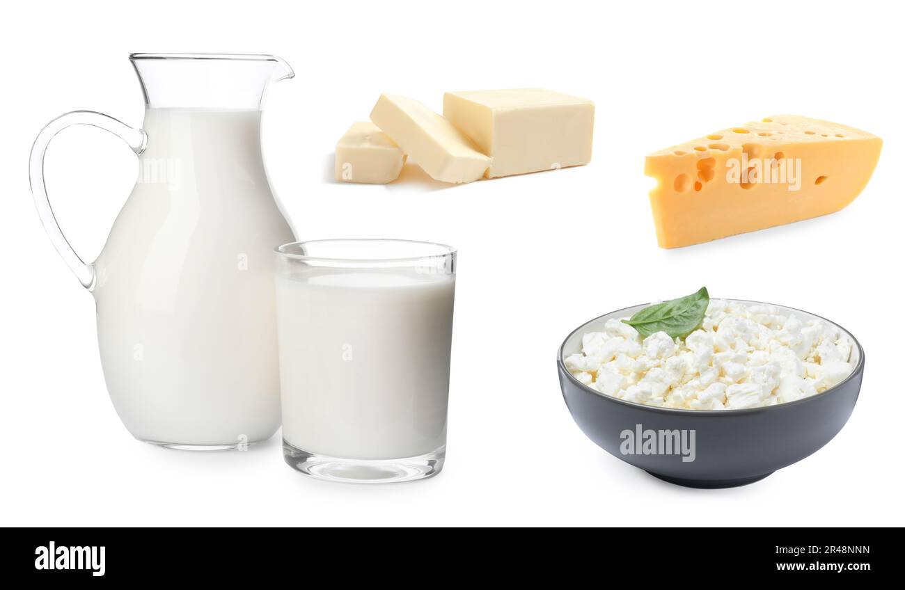 Healthy diet. Collage with different dairy products on white background Stock Photo