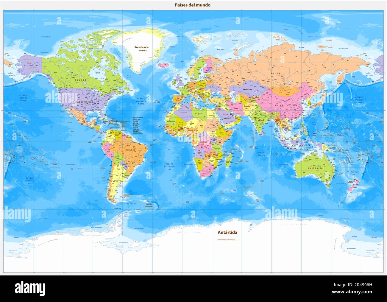 Detailed political world map Spanish language Miller projection Stock ...