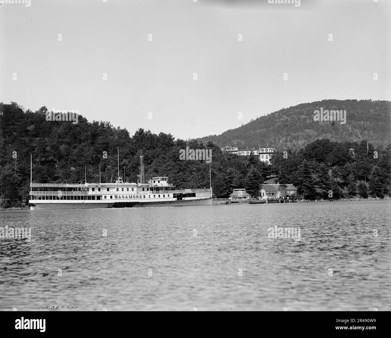 Steamer approaching Rogers' Rock landing, Lake George, N.Y., between