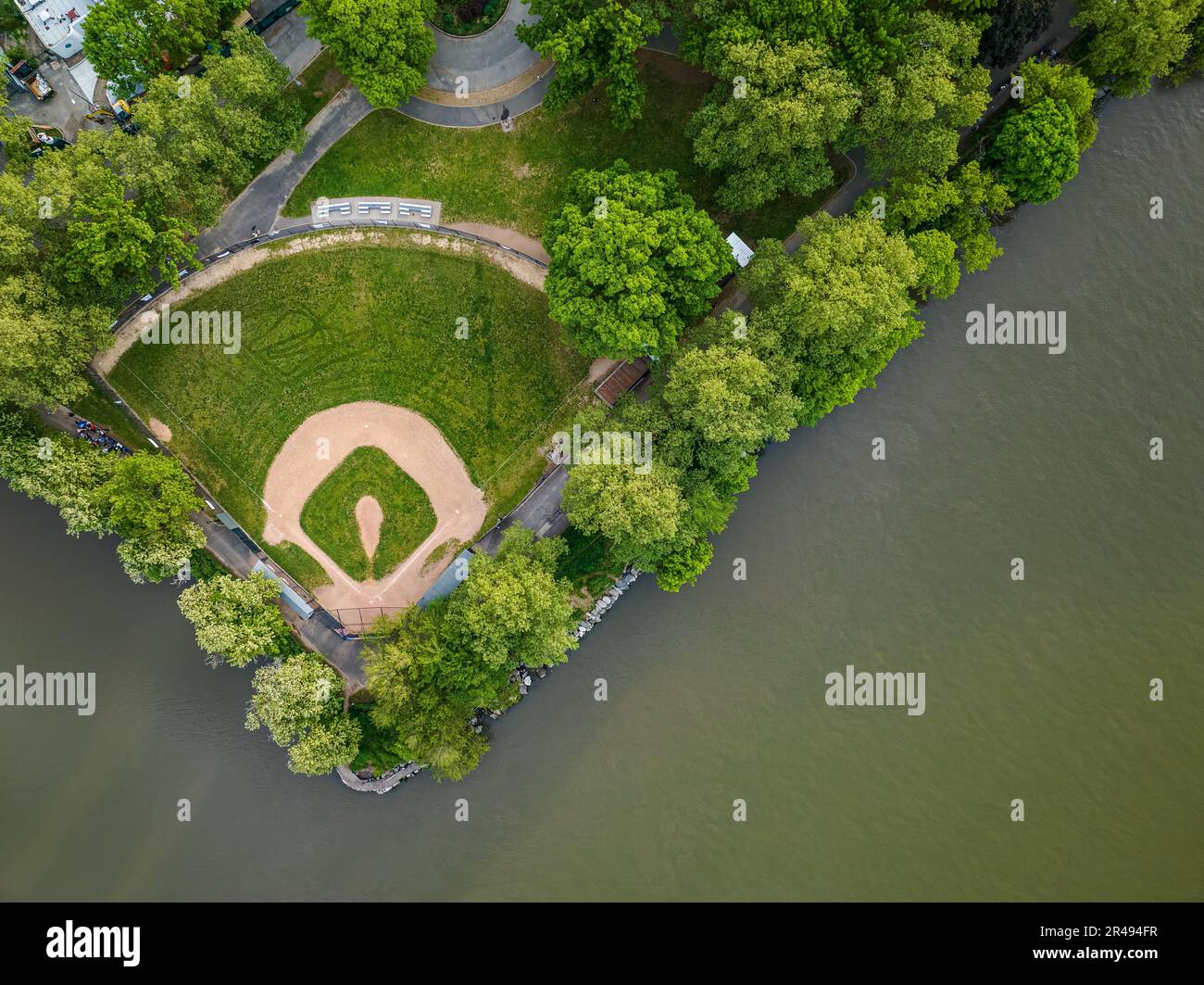 An aerial view of a baseball field in Inwood Hills Park on the Spuyten