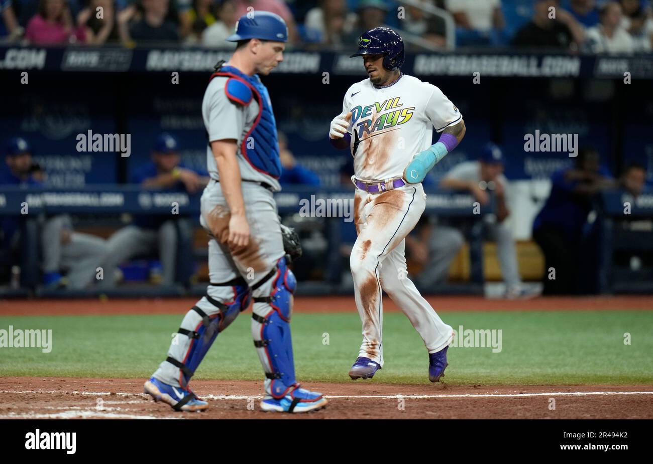 St. Petersburg, FL. USA; Tampa Bay Rays shortstop Wander Franco (5) showing  off his brightly colored retro Devil Rays socks and how they match his Un  Stock Photo - Alamy