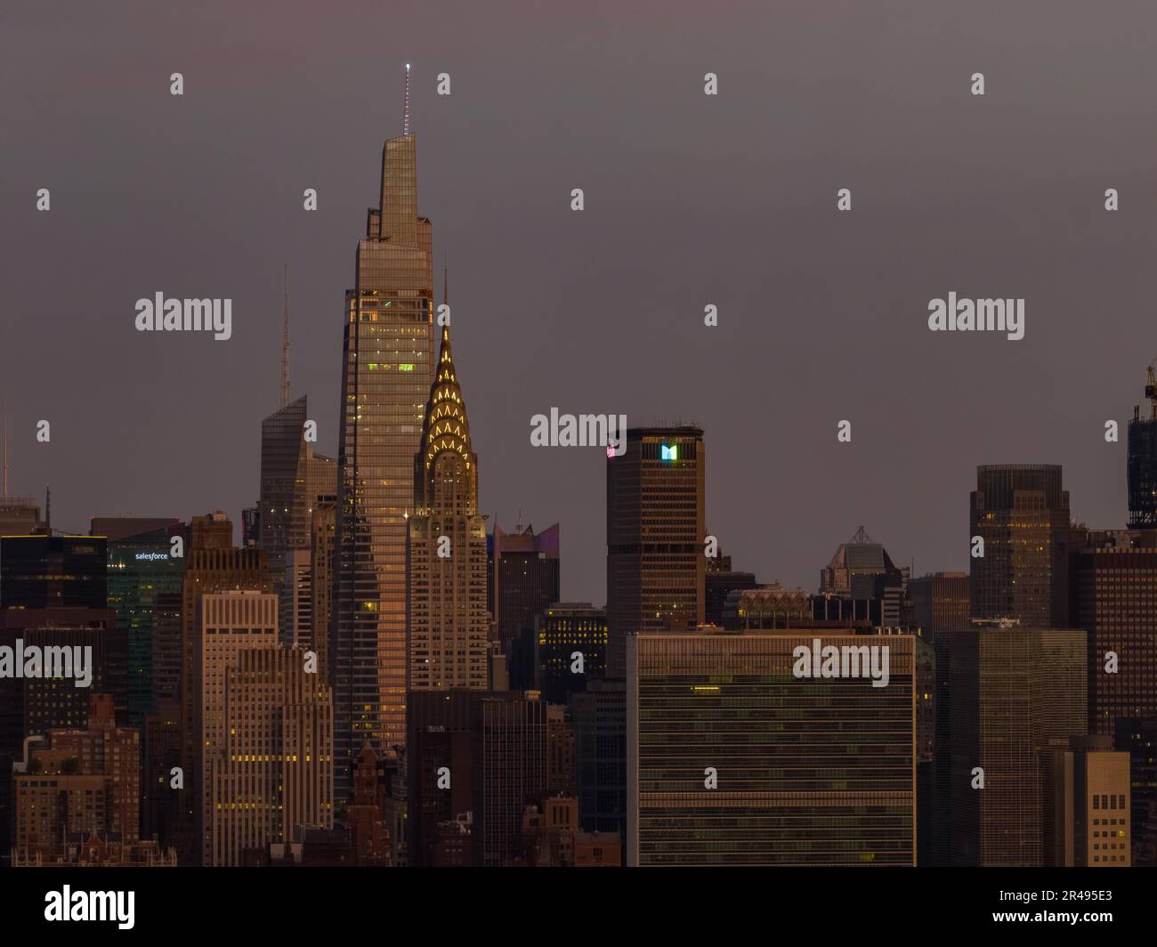 An aerial view showing the tall skyscrapers in New York City at sunrise ...