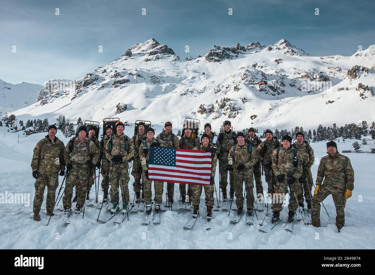 The 2023 U.S. Army Edelweiss Raid Team poses for a photo prior to the start of the 2023 competition, Feb. 28, 2023, Training Area Lizum, Innsbruck, Austria. The 86th Infantry Brigade Combat Team (Mountain) led a team of 16 Soldiers to a 10th and 18th place finish out of a field of 22 teams in 2023. Stock Photo
