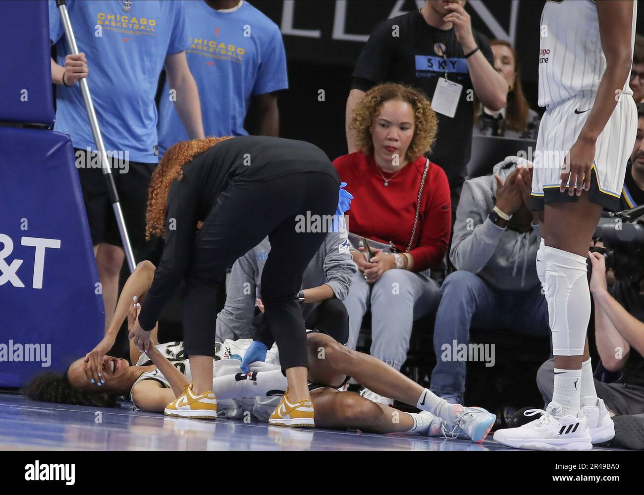 CHICAGO, IL - MAY 26: Chicago Sky guard Rebekah Gardner (35) lays on the  ground after an injury to her foot during a WNBA game between the  Washington Mystics and the Chicago