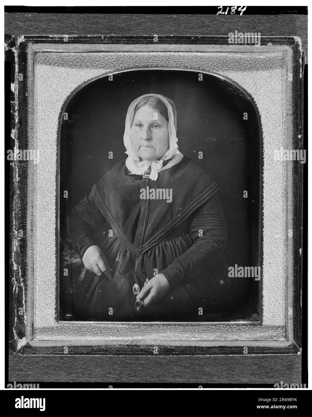 Mary Manuel Lisa, half-length portrait, facing slightly left, seated, holding glasses, between 1840 and 1860. [Wife of Manuel de Lisa, one of earliest Spanish fur-trading entrepeneurs in North America. Possibly the first white woman to visit the Missouri River region]. Stock Photo