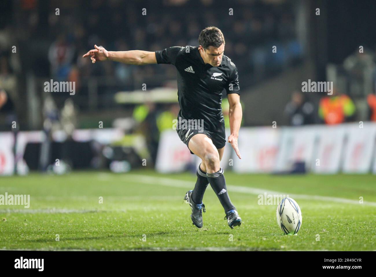 New Zealand’s All Black Dan Carter kicks at goal whilst playing against South Africa in Auckland, New Zealand on Saturday, July 10, 2010. Photo: Sport Stock Photo