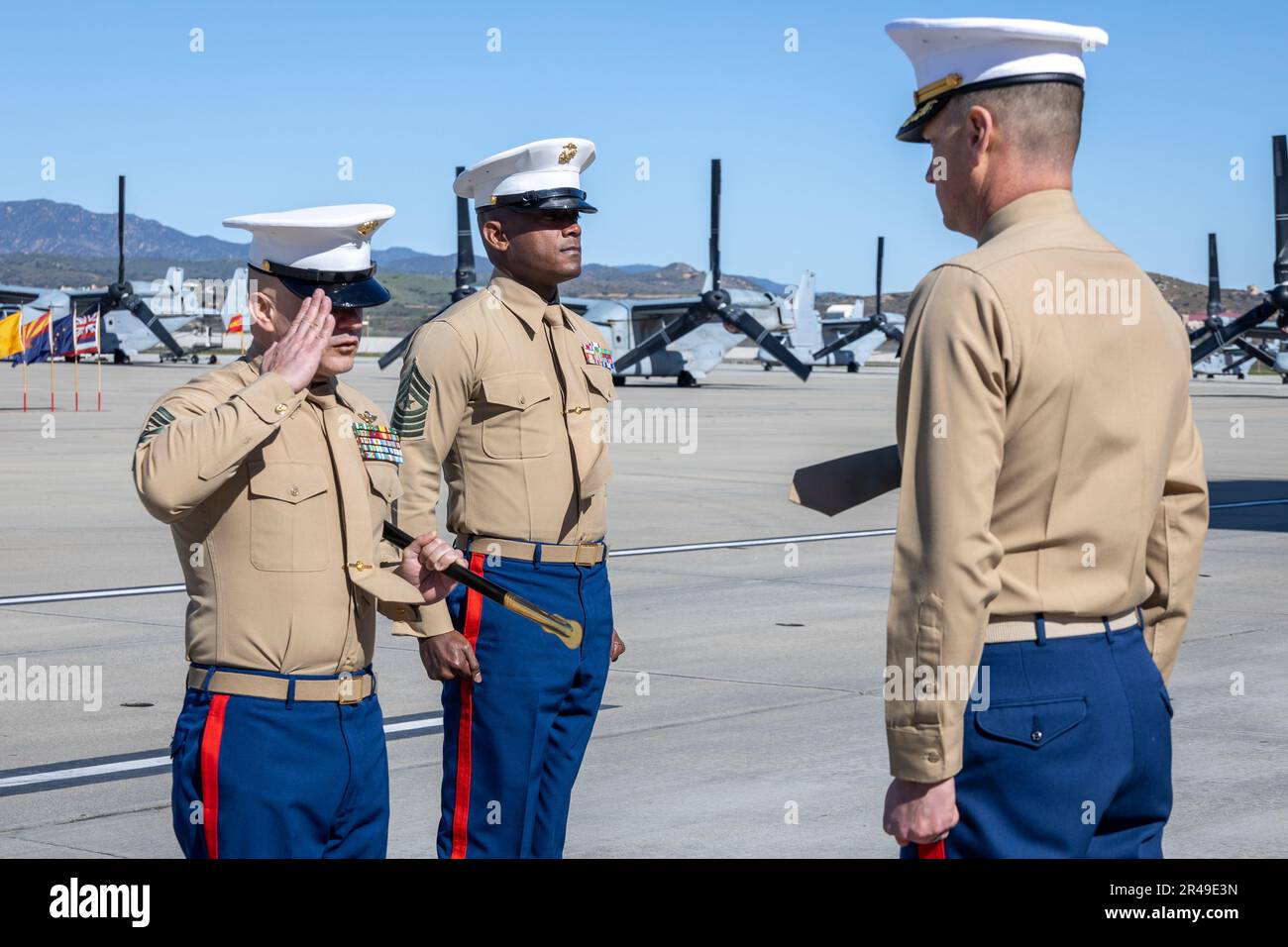 U.S. Marine Corps Sgt. Maj. David Gonzalez, left, the outgoing sergeant