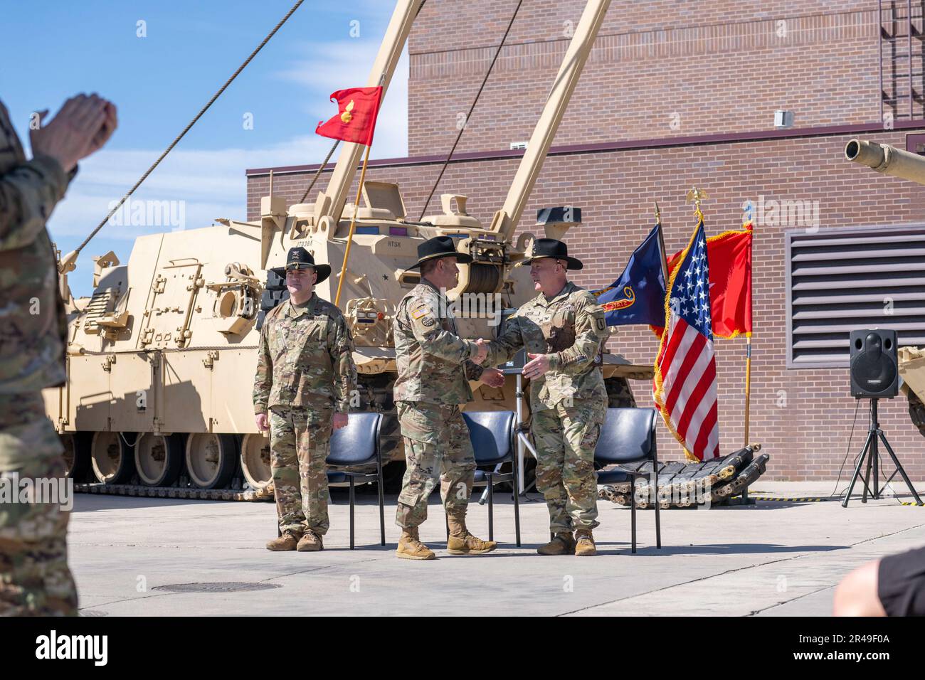 The 204th Regional Training Institute conducts a change of command ceremony, Gowen Field, April 10, 2023. During the ceremony, the outgoing commander, Col. Dan Lister transferred command of the 204th RTI to incoming commander, Col. Russel Des Jardins. Stock Photo