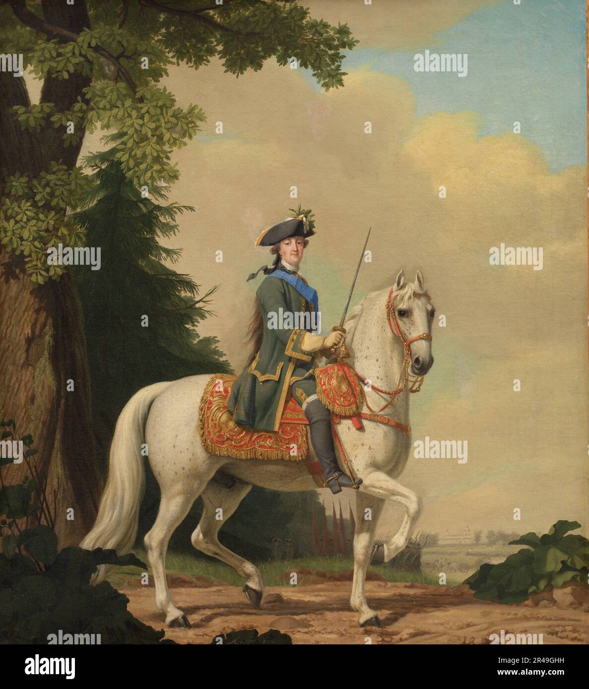 Catherine II of Russia in Life Guard Uniform on the horse Brillante, 1782. Equestrian portrait of Catherine the Great in the uniform of the Preobrazhensky Regiment. Stock Photo