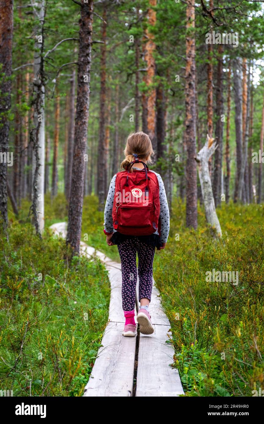 A girl hiking on a path in forest with backpack. Stock Photo