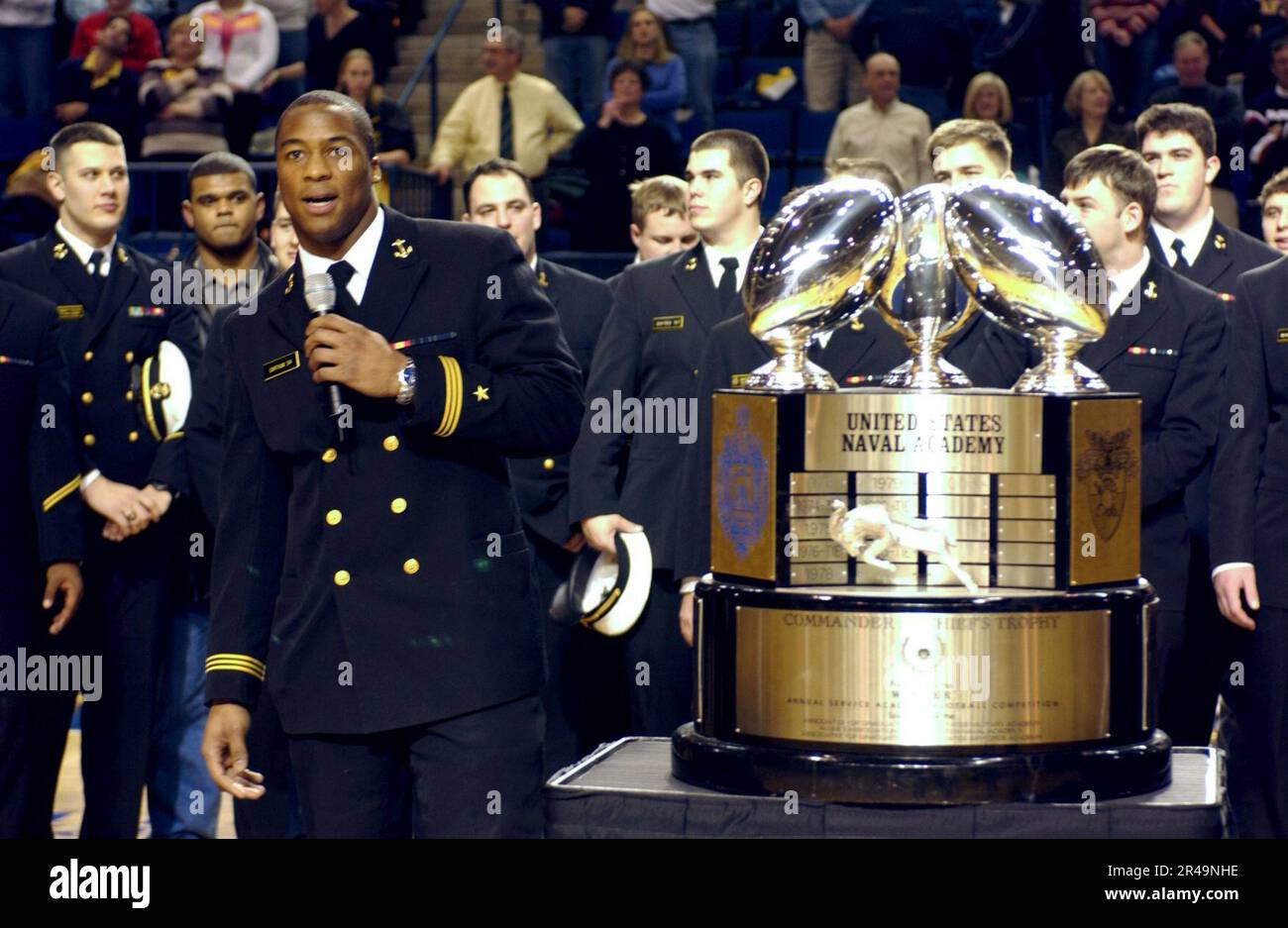 US Navy U.S. Naval Academy football team cocaptain addresses the crowd