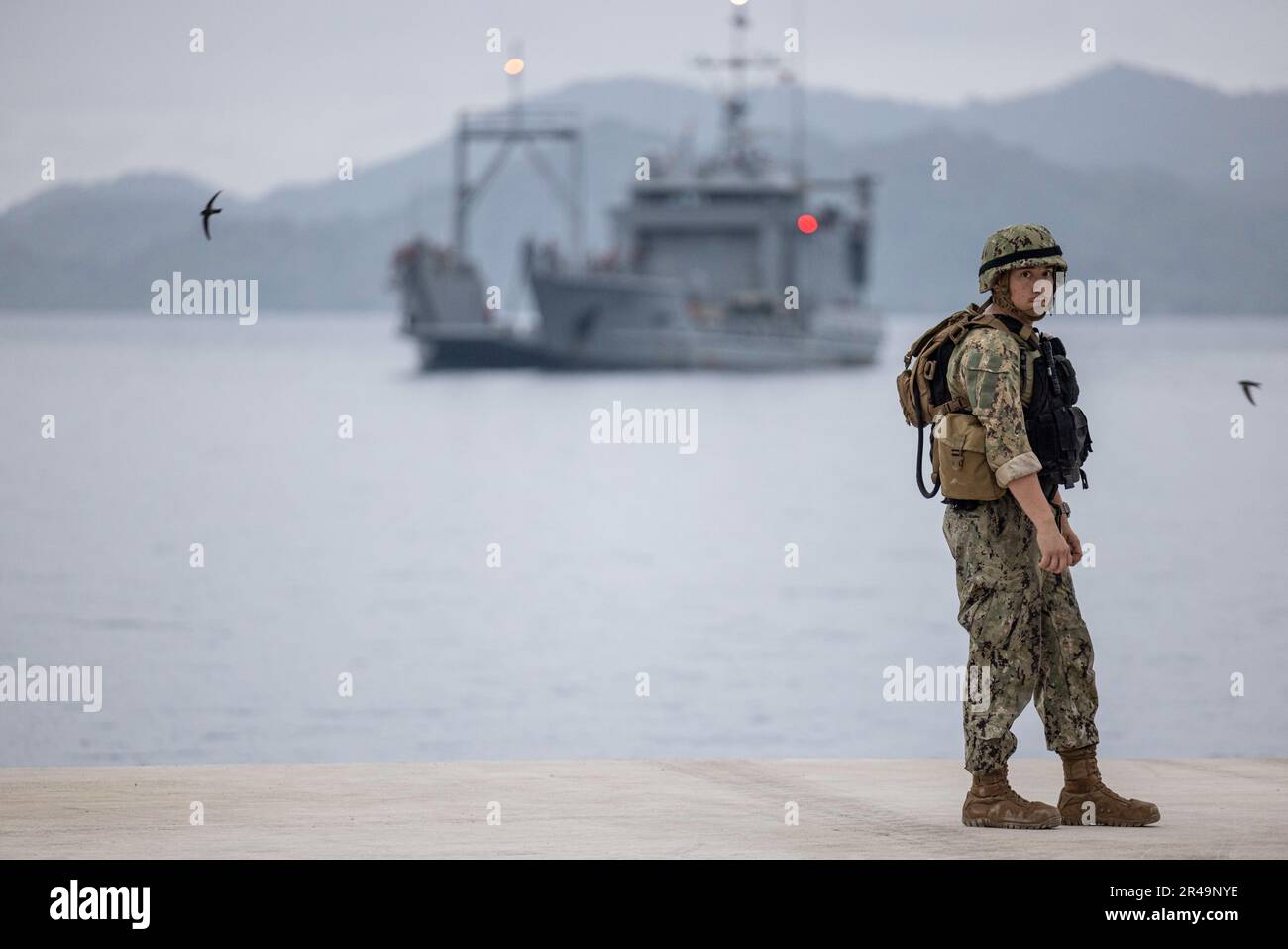 U.S. Navy Seaman Gerardo Salgado, with Beachmaster Unit 1, and a native of Atlanta, Georgia, prepares to guide Army USAV Fort McHenry, LCU-2020 during a combined joint logistics over-the-shore offload in preparation for Balikatan 23 at Camp Agnew, Casiguran, Philippines, April 6, 2023. Balikatan is an annual exercise between the Armed Forces of the Philippines and U.S. military designed to strengthen bilateral interoperability, capabilities, trust, and cooperation built over decades shared experiences. Stock Photo