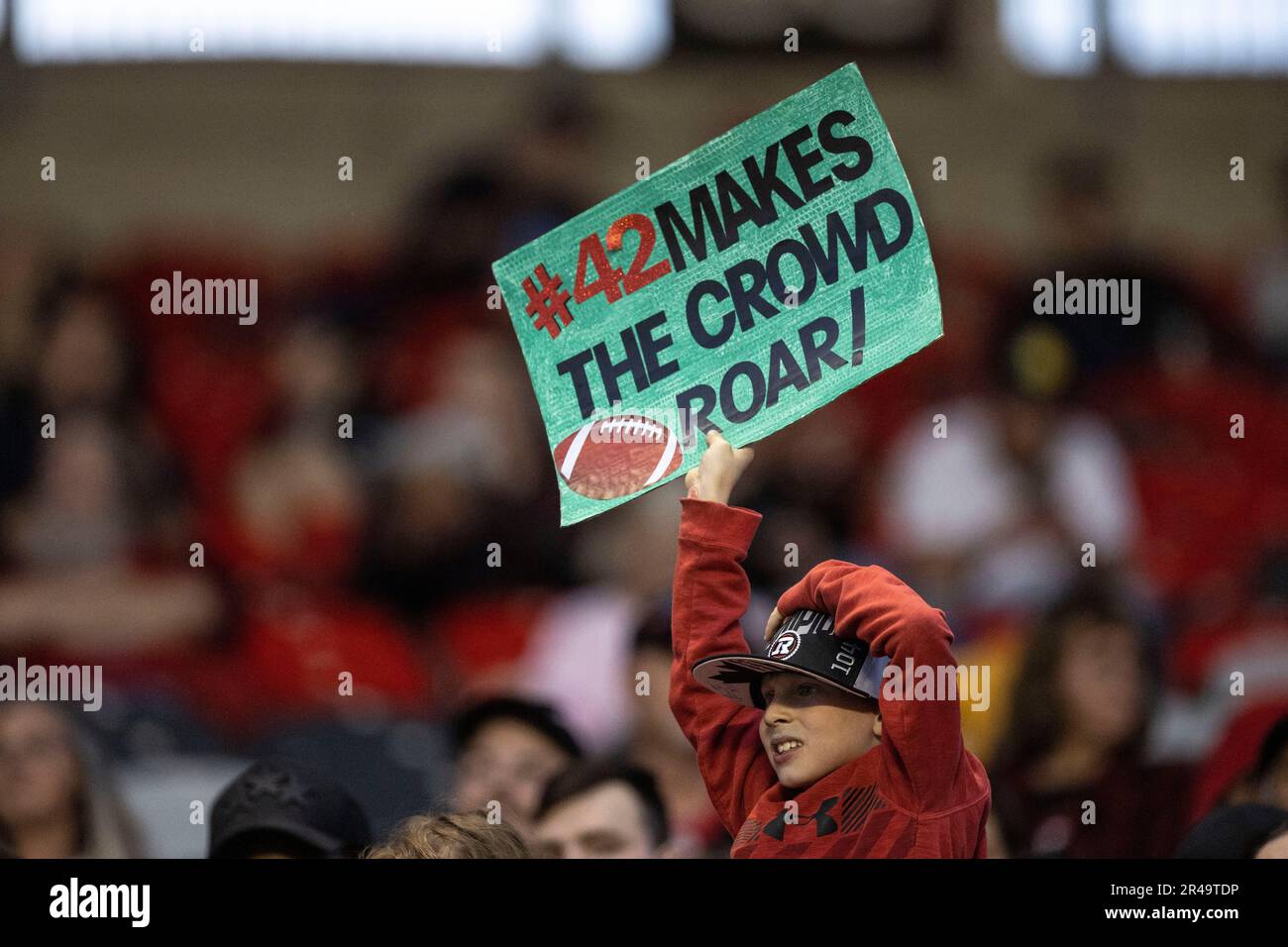 Ottawa, Canada. 26 May 2023. A fan holds up a sign in the Canadian Football League preseason game between the Ottawa Redblacks and the visiting Montreal Alouettes. The Alouettes won the game 22-21. Copyright 2023 Sean Burges / Mundo Sport Images / Alamy Live news Stock Photo