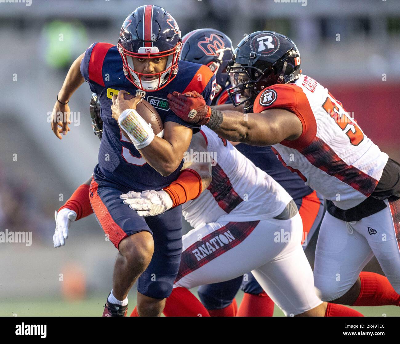Ottawa, Canada. 26 May 2023.  Caleb Evans (5) of the Montreal Alouettes in the Canadian Football League preseason game between the Ottawa Redblacks and the visiting Montreal Alouettes. The Alouettes won the game 22-21. Copyright 2023 Sean Burges / Mundo Sport Images / Alamy Live news Stock Photo