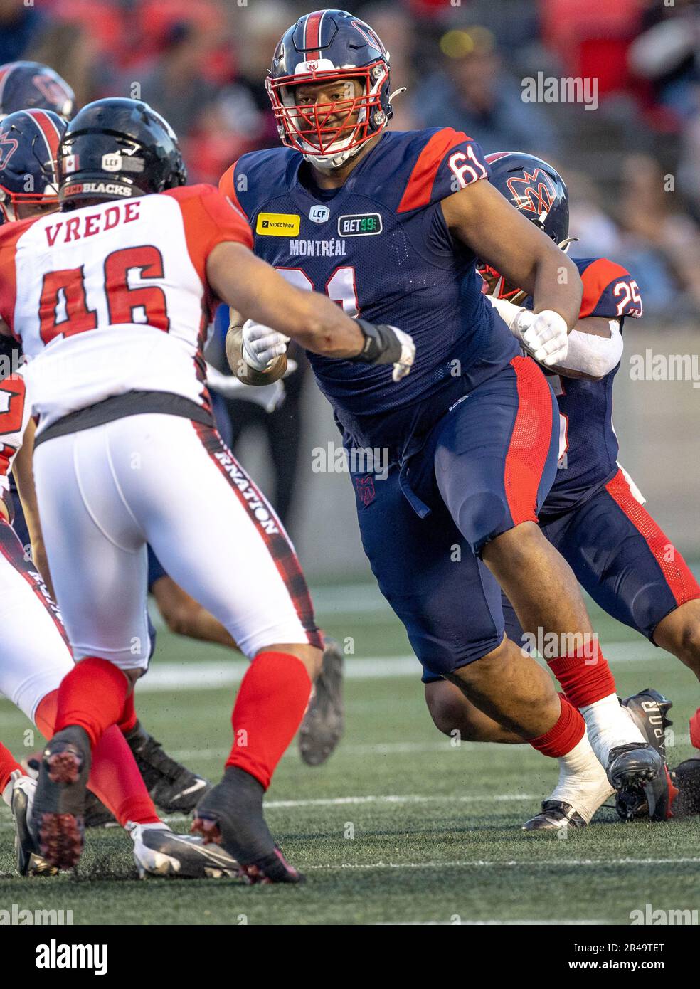 Ottawa, Canada. 26 May 2023.  Jamar McGloster (61) of the Montreal Alouettes in the Canadian Football League preseason game between the Ottawa Redblacks and the visiting Montreal Alouettes. The Alouettes won the game 22-21. Copyright 2023 Sean Burges / Mundo Sport Images / Alamy Live news Stock Photo
