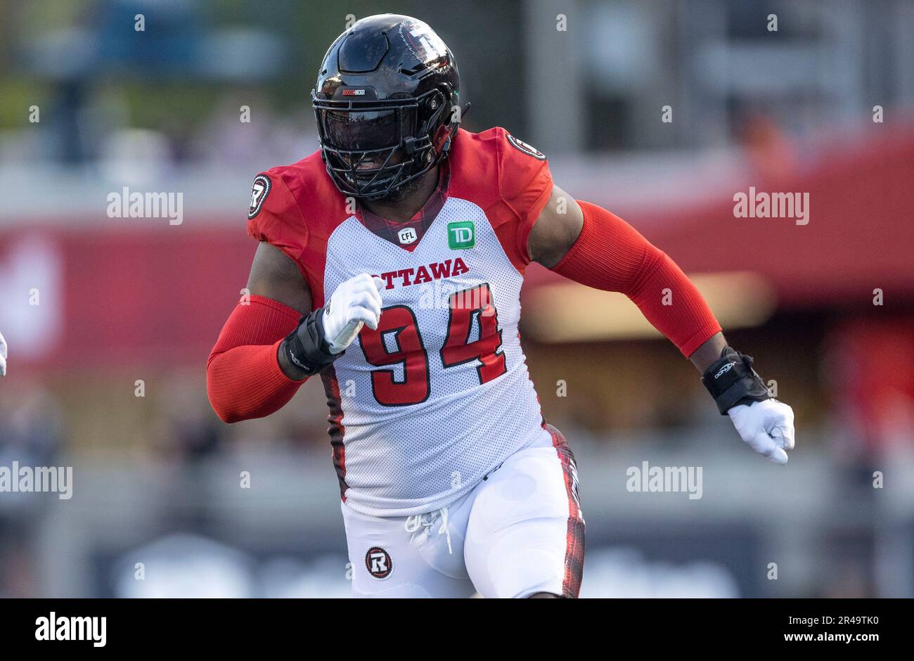 Ottawa, Canada. 26 May 2023.  Lorenzo Mauldin IV (94) of the Ottawa Redblacks in the Canadian Football League preseason game between the Ottawa Redblacks and the visiting Montreal Alouettes. The Alouettes won the game 22-21. Copyright 2023 Sean Burges / Mundo Sport Images / Alamy Live news Stock Photo