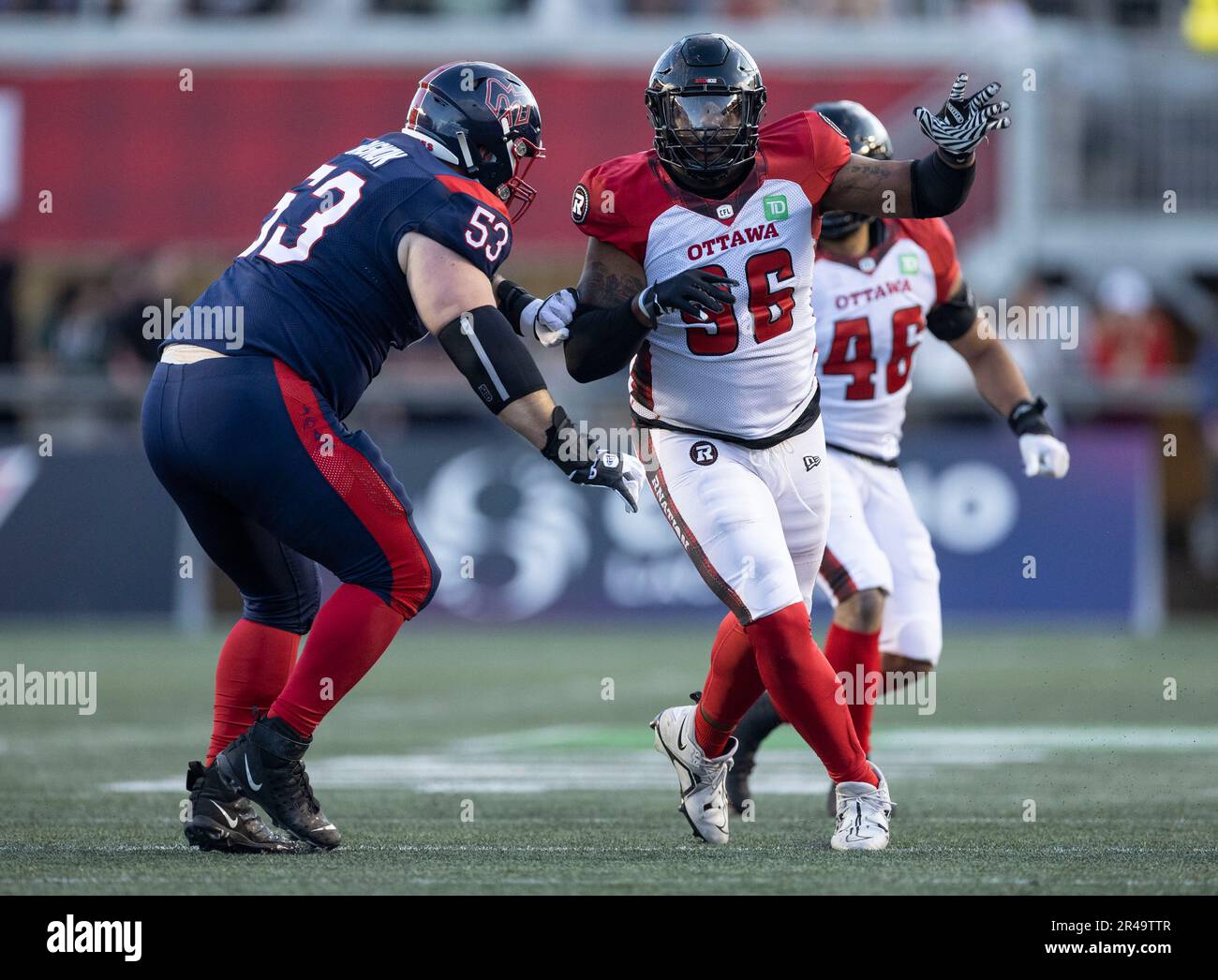Ottawa, Canada. 26 May 2023.  Michael Wakefield (96) of the Ottawa Redblacks in the Canadian Football League preseason game between the Ottawa Redblacks and the visiting Montreal Alouettes. The Alouettes won the game 22-21. Copyright 2023 Sean Burges / Mundo Sport Images / Alamy Live news Stock Photo