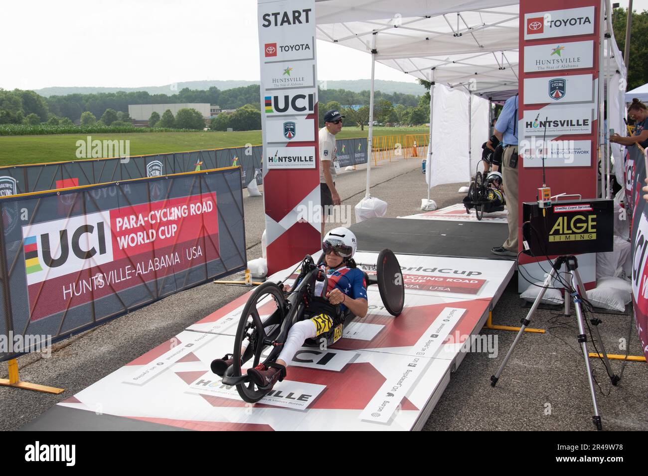 UCI World Cup, Time Trial, Huntsville, Alabama, USA. 26th May, 2023. Alicia Dana of the United States, winner of the women's H3 time trial, on the starting ramp. Credit: Casey B. Gibson/Alamy Live News Stock Photo